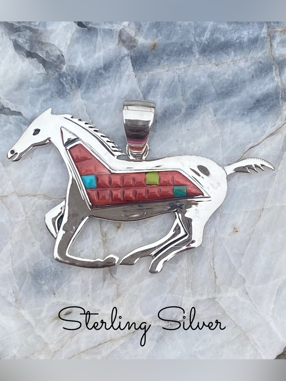 Sterling Silver Multi Inlay Stone Southwest/Native Running Horse Pendant-Vintage